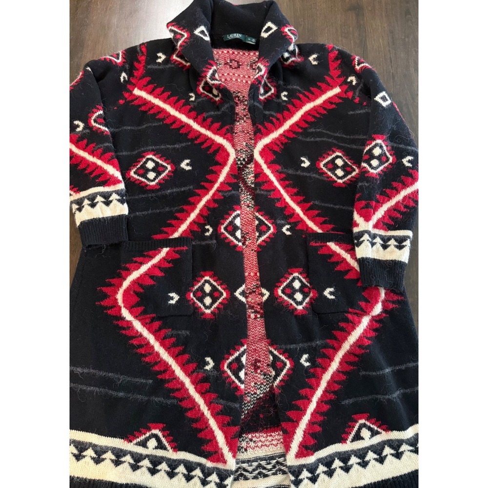 Lauren Ralph vintage Southwestern Geometric Wool Blend Cardigan Sweater Black XL